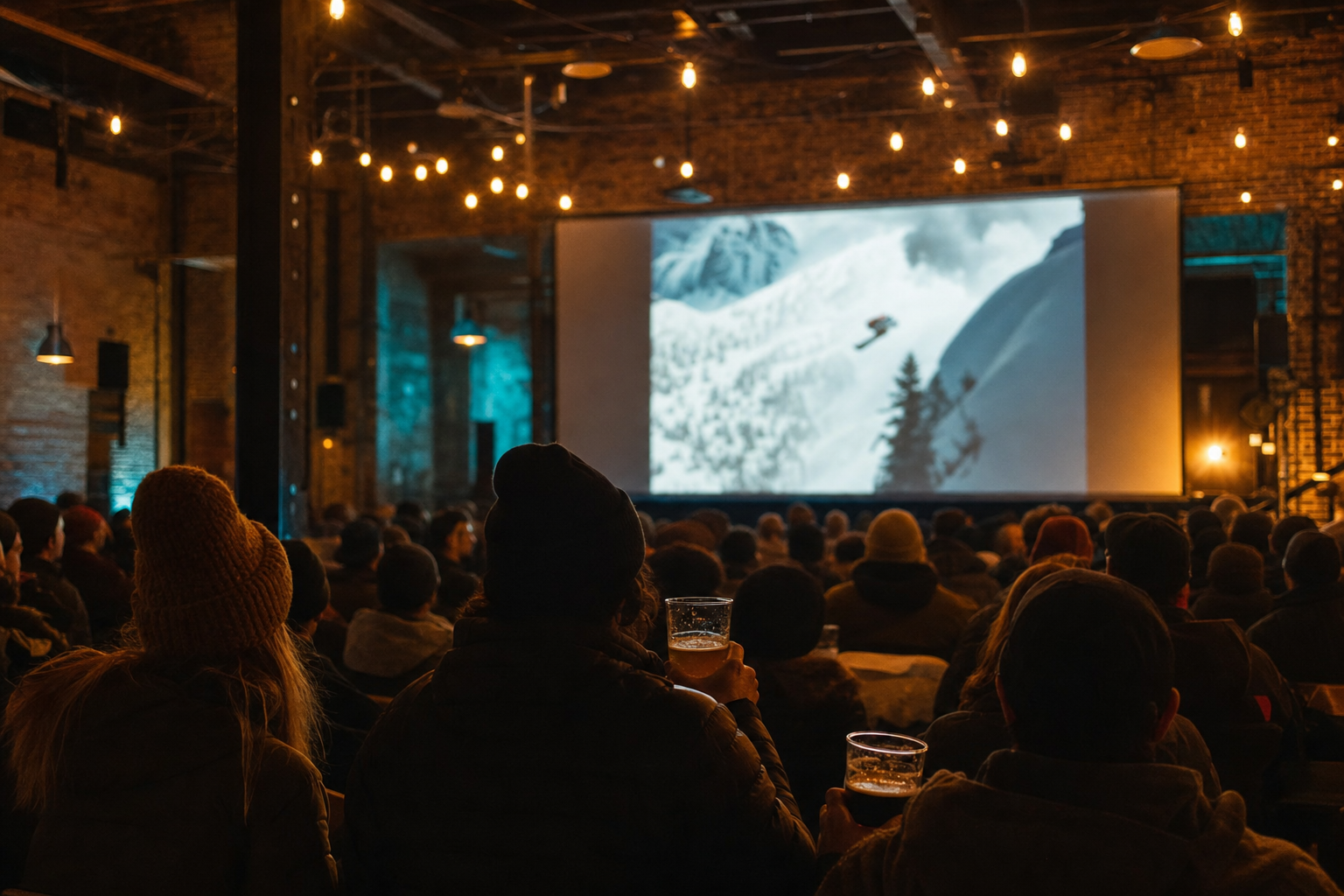 Illustrative movie-night atmosphere: a crowd watching a ski film in a warm, brick-walled room